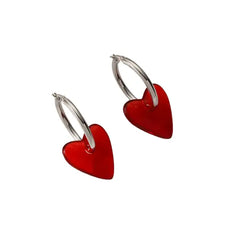 Red Heart Drop Earrings - Silver