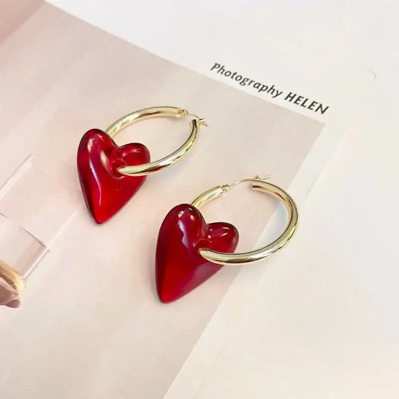 Red Heart Drop Earrings Vintage Style Jewelry