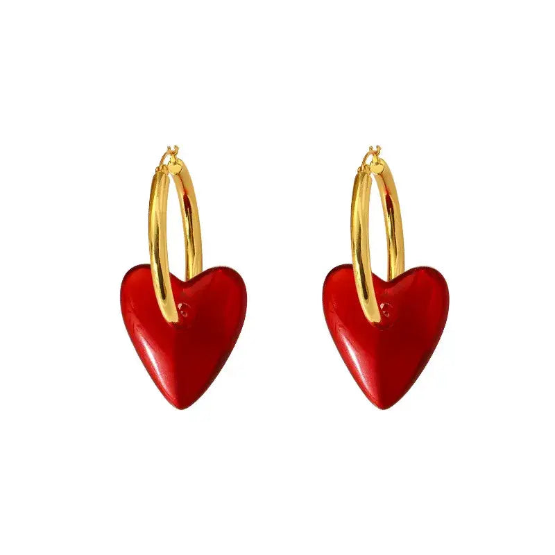 Red Heart Drop Earrings Vintage Style Jewelry Gold