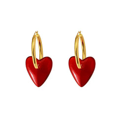 Red Heart Drop Earrings Vintage Style Jewelry Gold