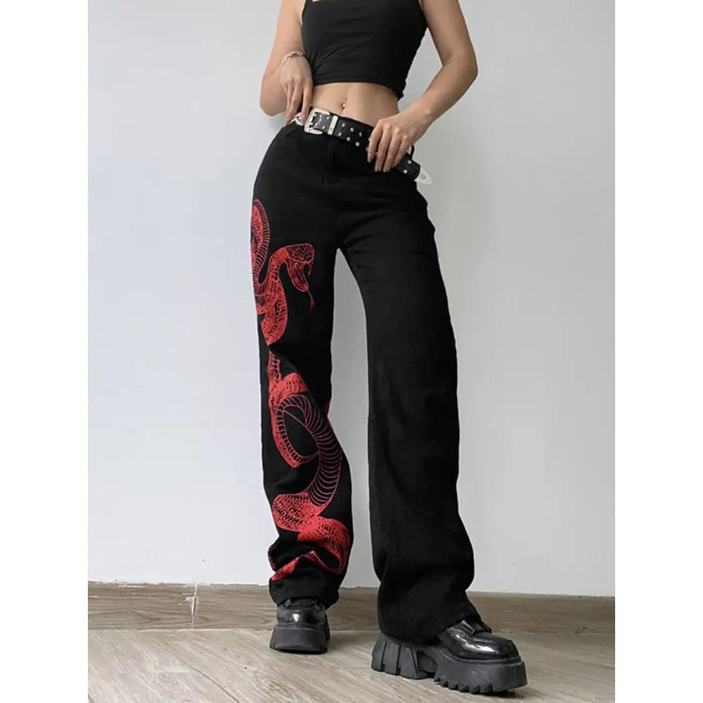 Red Snake Print Wide Leg Pants High Waist Polyester