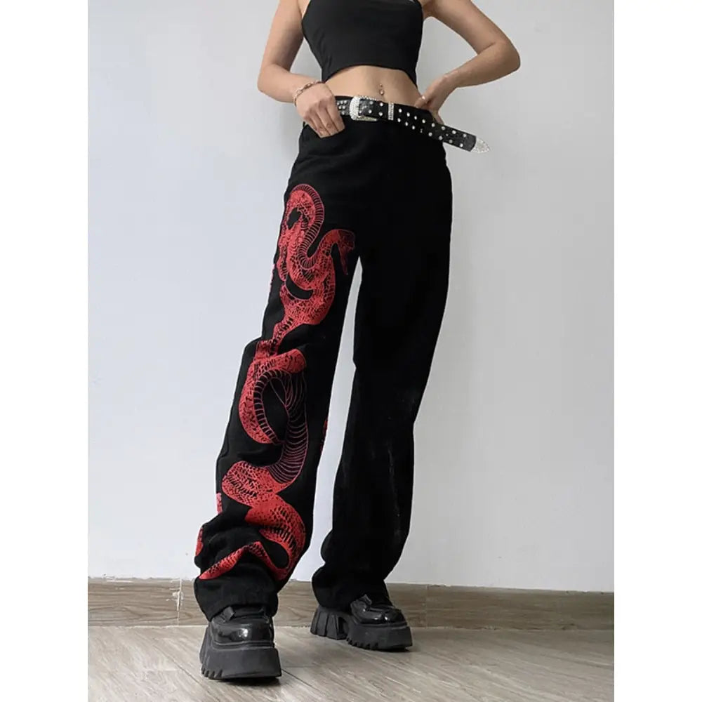 Red Snake Print Wide Leg Pants High Waist Polyester Black