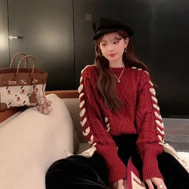 Red Twists Ribbon Knit Sweater