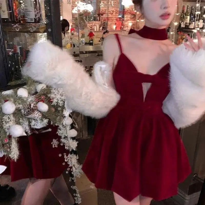 Red Velvet Ribbon Mini Dress for Women
