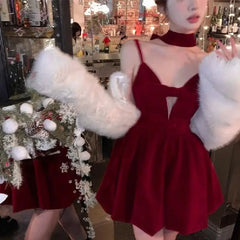 Red Velvet Ribbon Mini Dress for Women