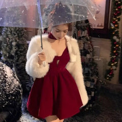Red Velvet Ribbon Mini Dress for Women