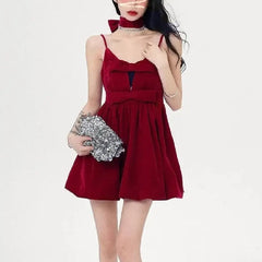 Red Velvet Ribbon Mini Dress for Women