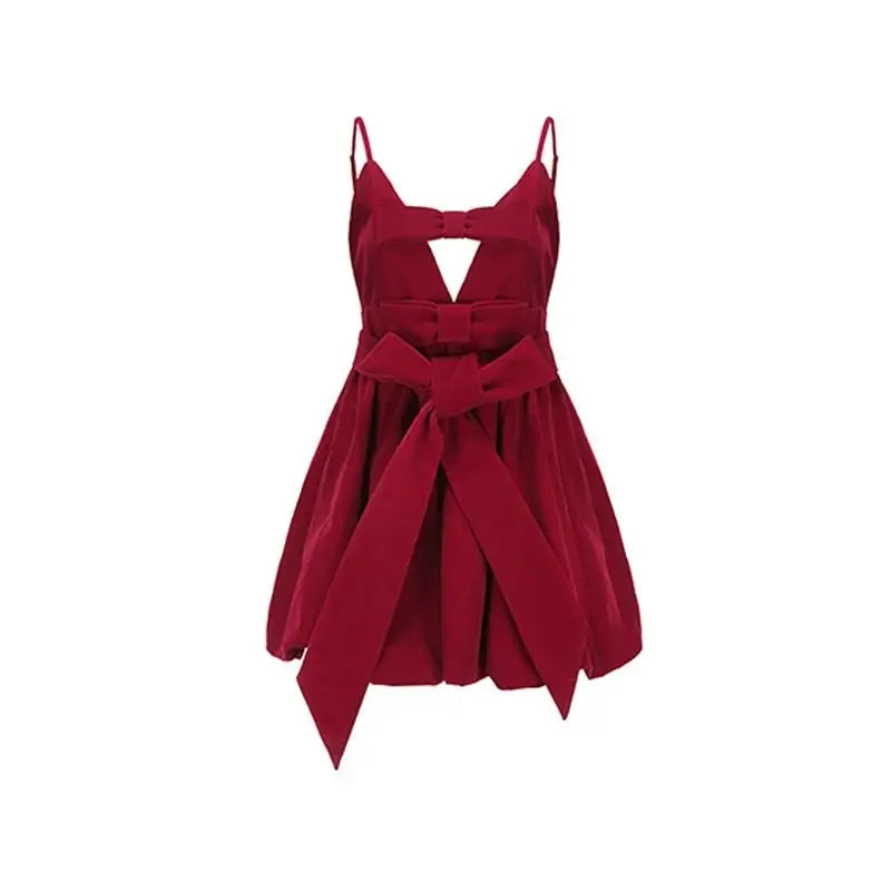 Red Velvet Ribbon Mini Dress - S