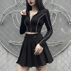 Reflective Double Zipper Long Sleeve Crop Top
