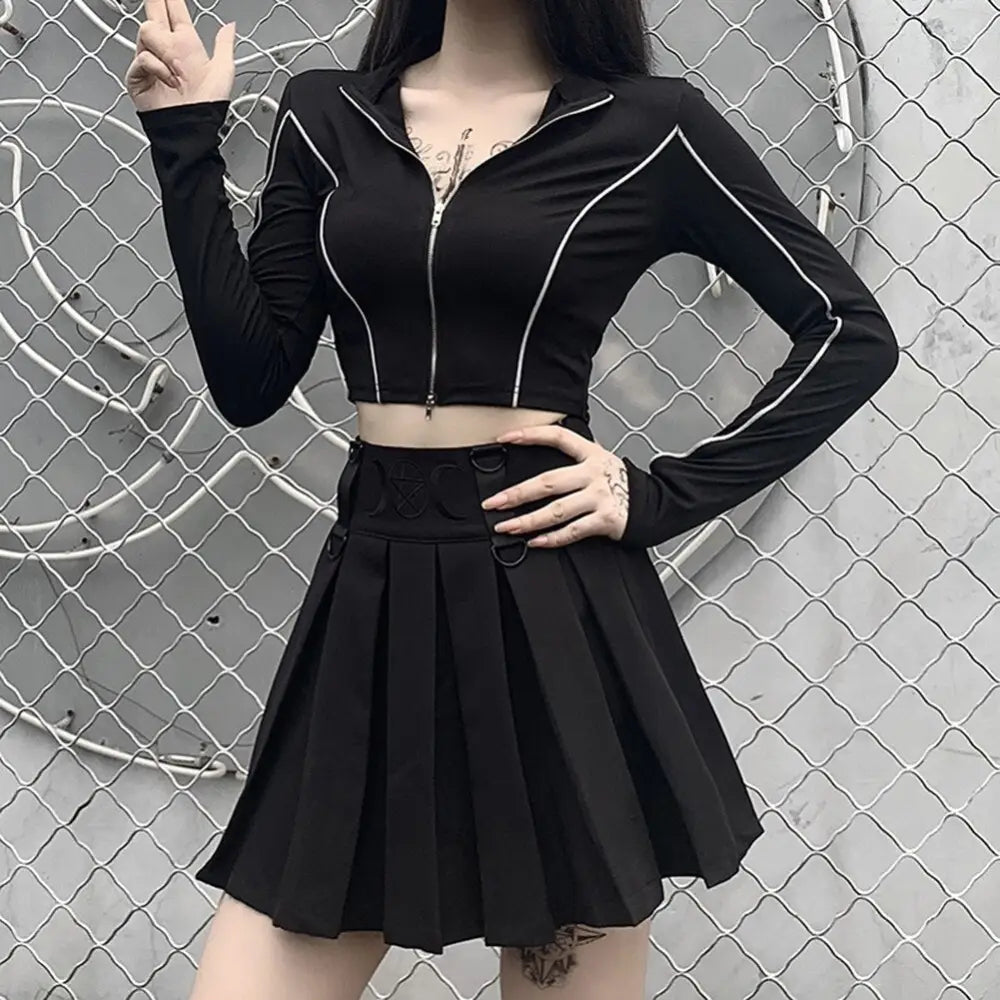 Reflective Double Zipper Long Sleeve Crop Top