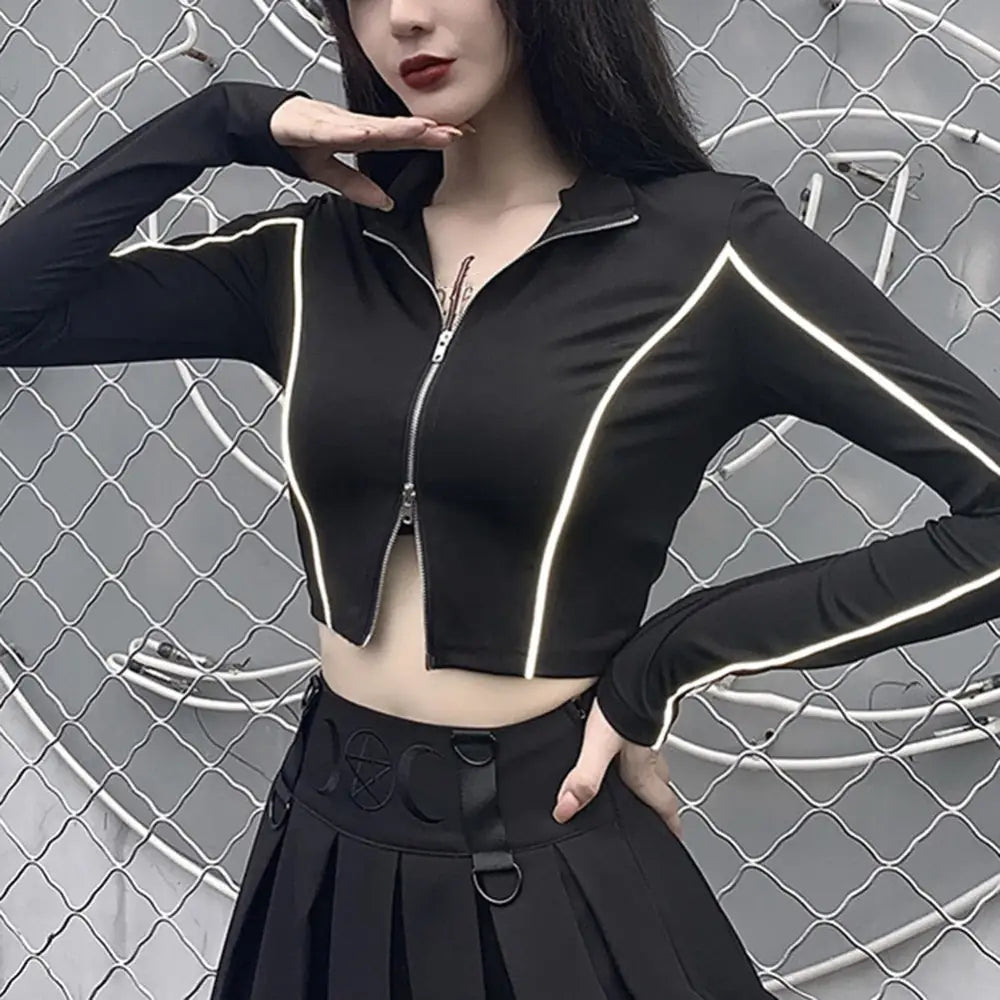 Reflective Double Zipper Long Sleeve Crop Top