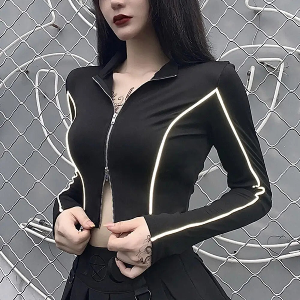 Reflective Double Zipper Long Sleeve Crop Top