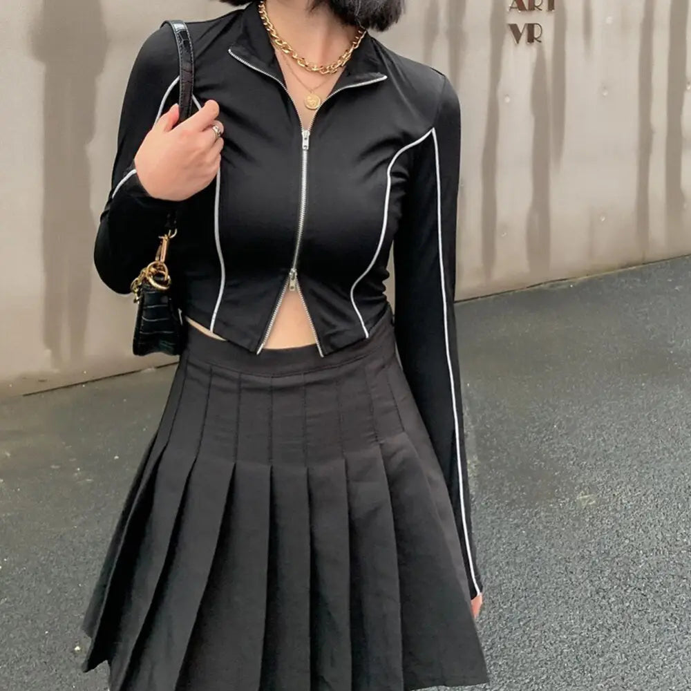 Reflective Double Zipper Long Sleeve Crop Top Black / S