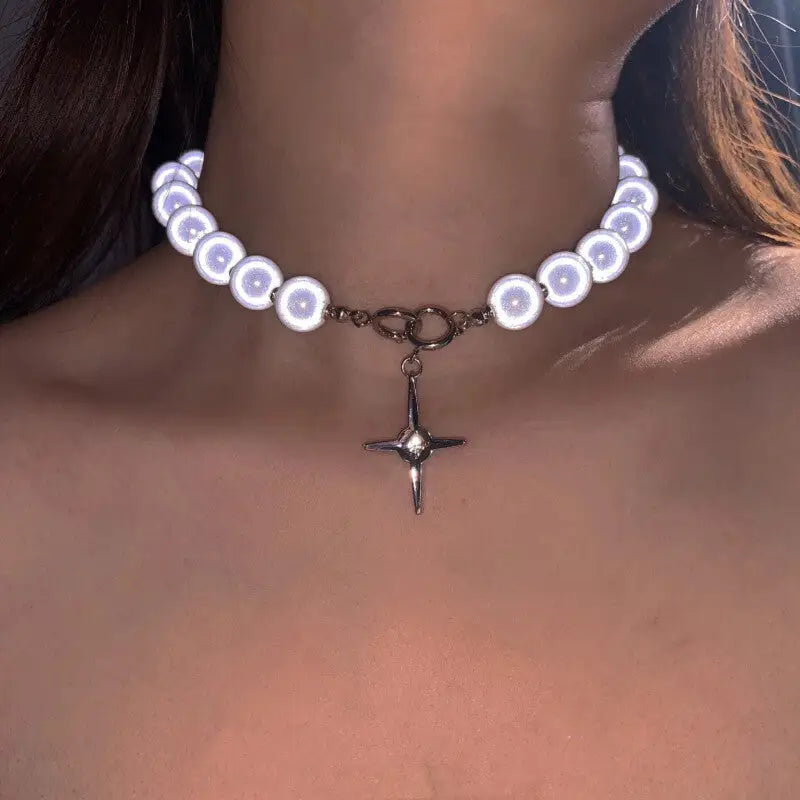 Reflective Pearl Cross Clavicle Chain Necklace White