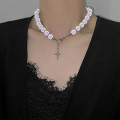 Reflective Pearl Cross Clavicle Chain Necklace White