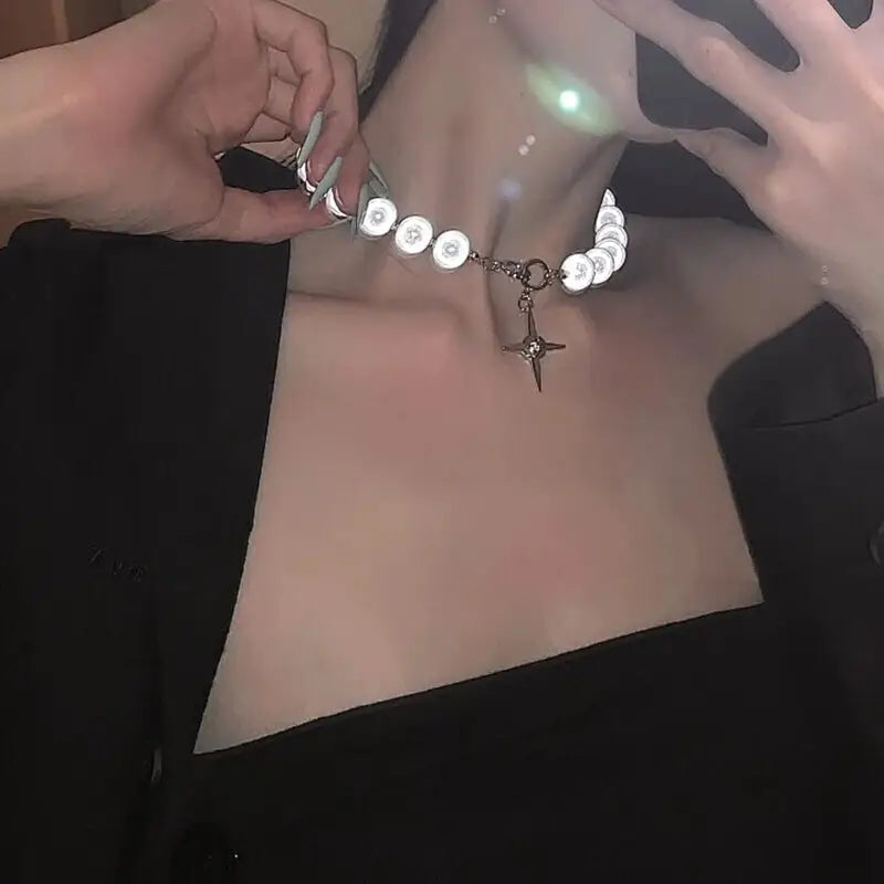 Reflective Pearl Cross Clavicle Chain Necklace White