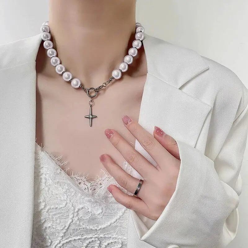 Reflective Pearl Cross Clavicle Chain Necklace White