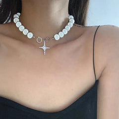 Reflective Pearl Cross Clavicle Chain Necklace White
