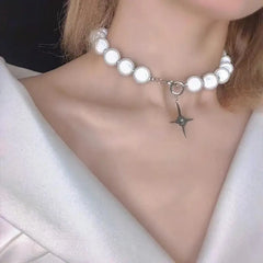 Reflective Pearl Cross Clavicle Chain Necklace White