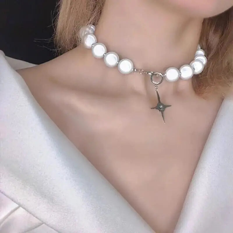 Reflective Pearl Cross Clavicle Chain