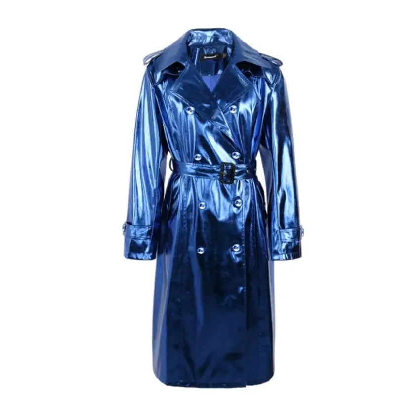 Reflective PU Leather Trench Coat
