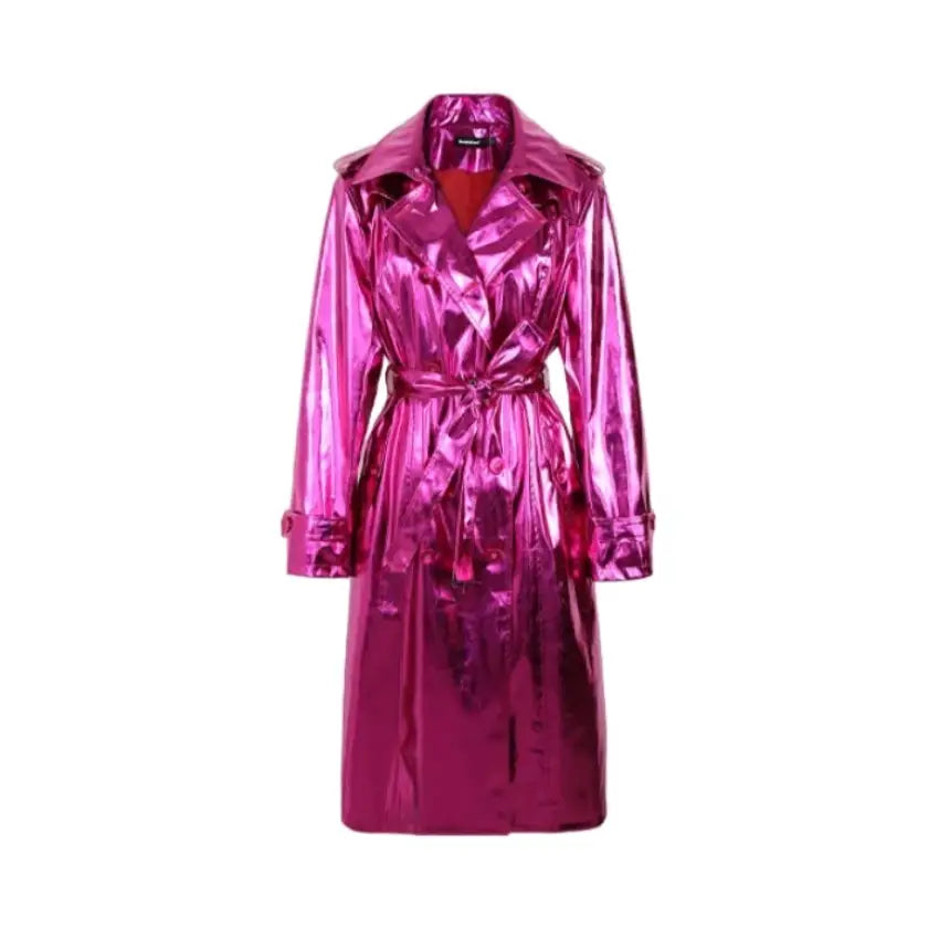 Reflective PU Leather Trench Coat with inches sleeve length