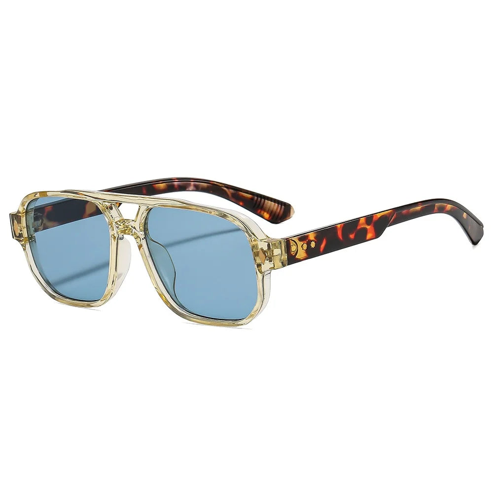 Retro aviator sunglasses with tortoiseshell acetate frame and blue lens, classic casual style