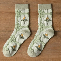 Retro Crew Vintage Flower Embroidery Socks Gray Green