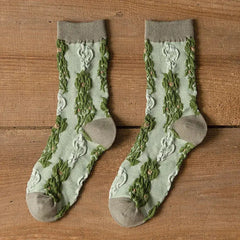 Retro Crew Vintage Flower Embroidery Socks Green