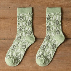 Retro Crew Vintage Flower Embroidery Socks Light Green