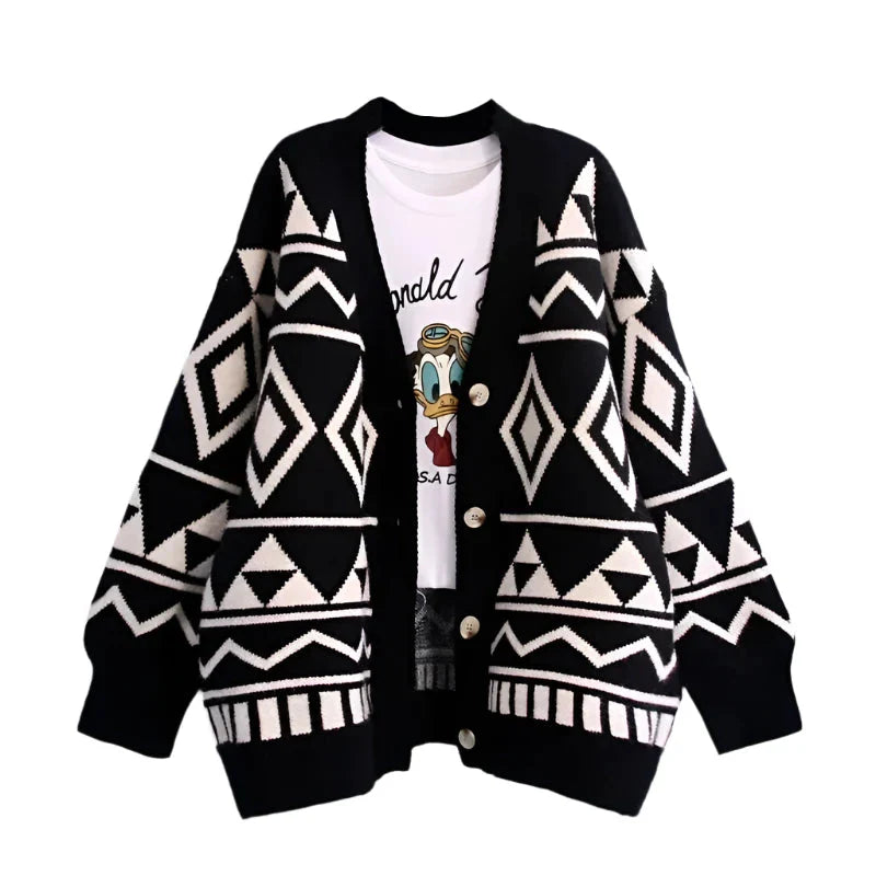 Retro Geometric Diamond Shaped Loose Button Up Cardigan