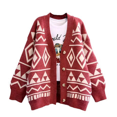 Retro Geometric Diamond Shaped Loose Button Up Cardigan Red