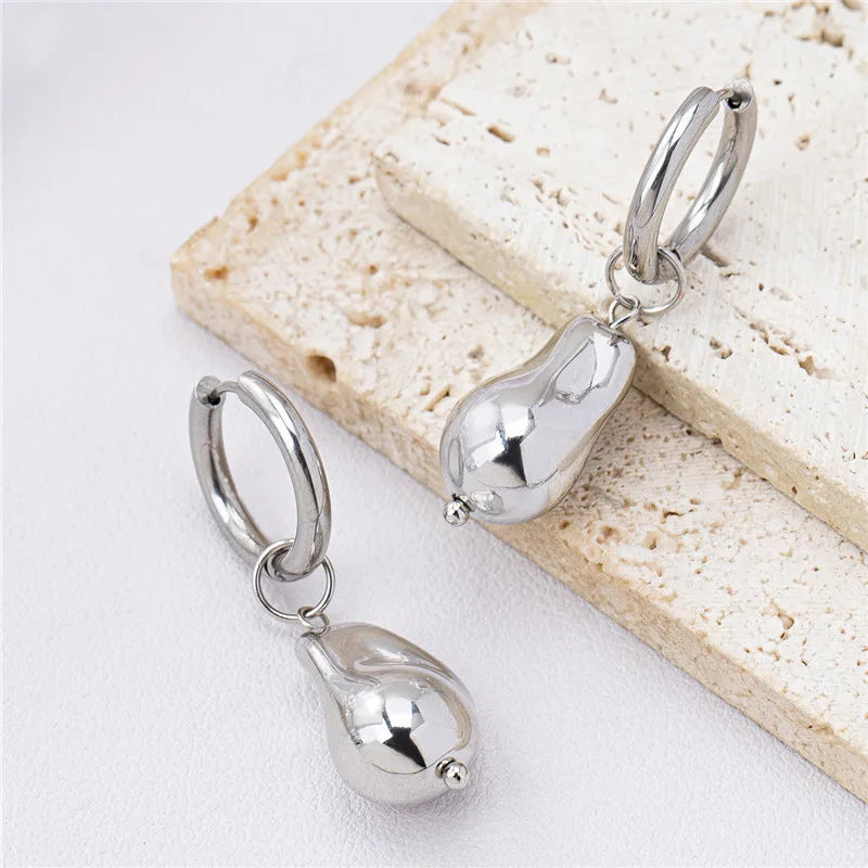 Retro Irregular Stainless Steel Drop Hoop Earrings Silver