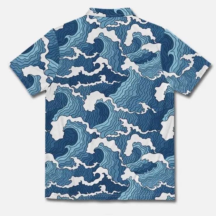 Retro Ocean Wave Printing Polo Shirt