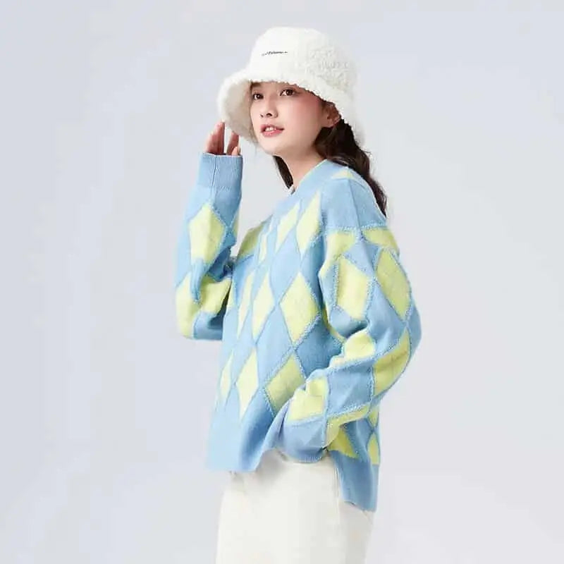 Retro Oversize Round Neck Argyle Sweater