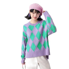 Retro Oversize Round Neck Argyle Sweater