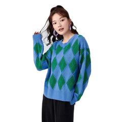Retro Oversize Round Neck Argyle Sweater
