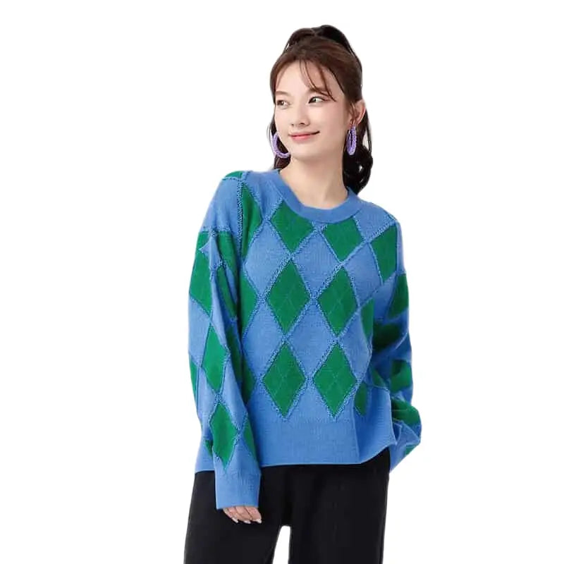 Retro Oversize Round Neck Argyle Sweater - Blue Green / XS