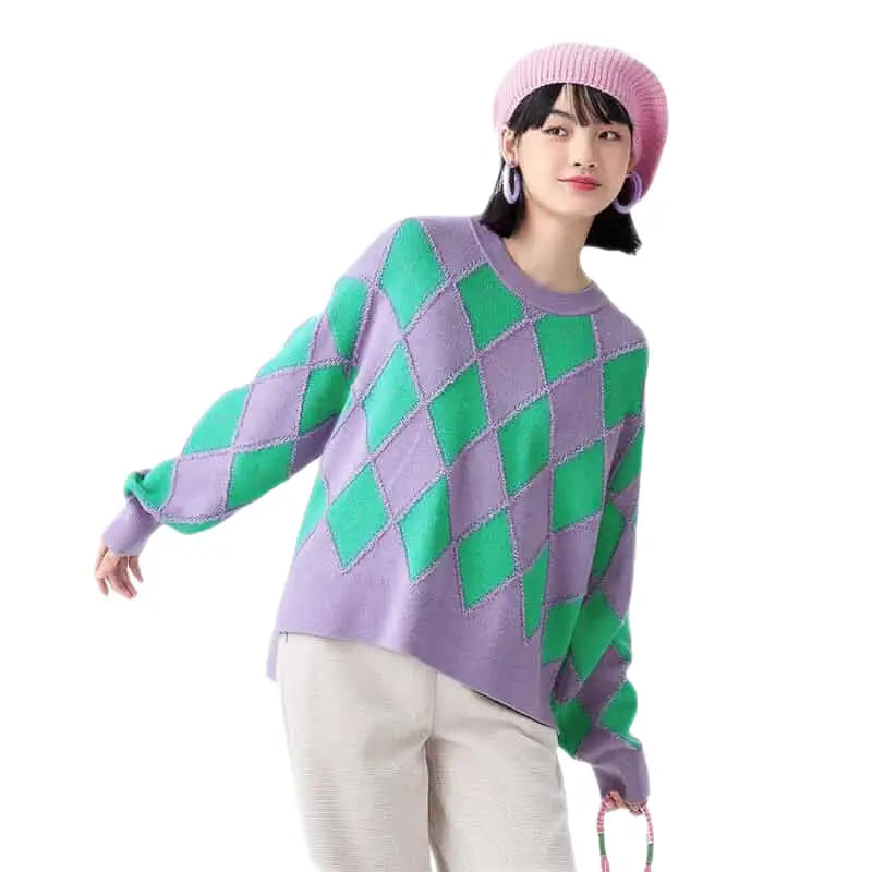 Retro Oversize Round Neck Argyle Sweater - Purple Green / XS
