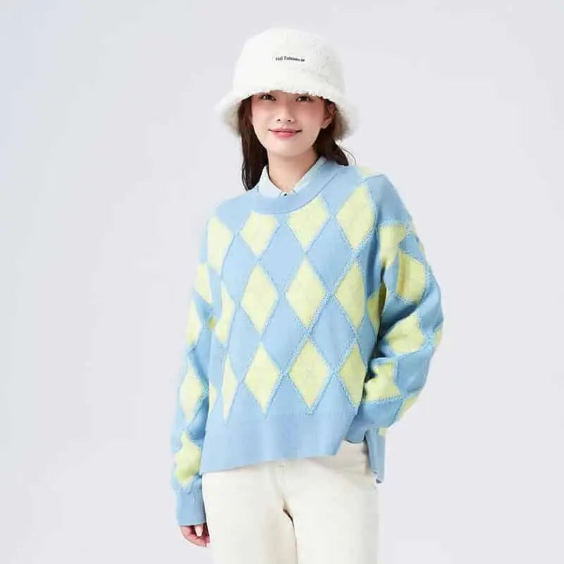 Retro Oversize Round Neck Argyle Sweater - Yellow Blue / XS