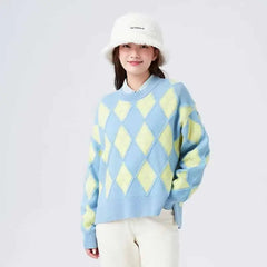 Retro Oversize Round Neck Argyle Sweater