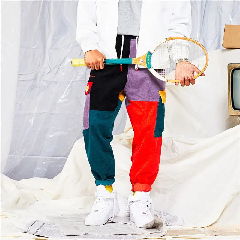 Retro Patchwork Block Corduroy Jogger Pants