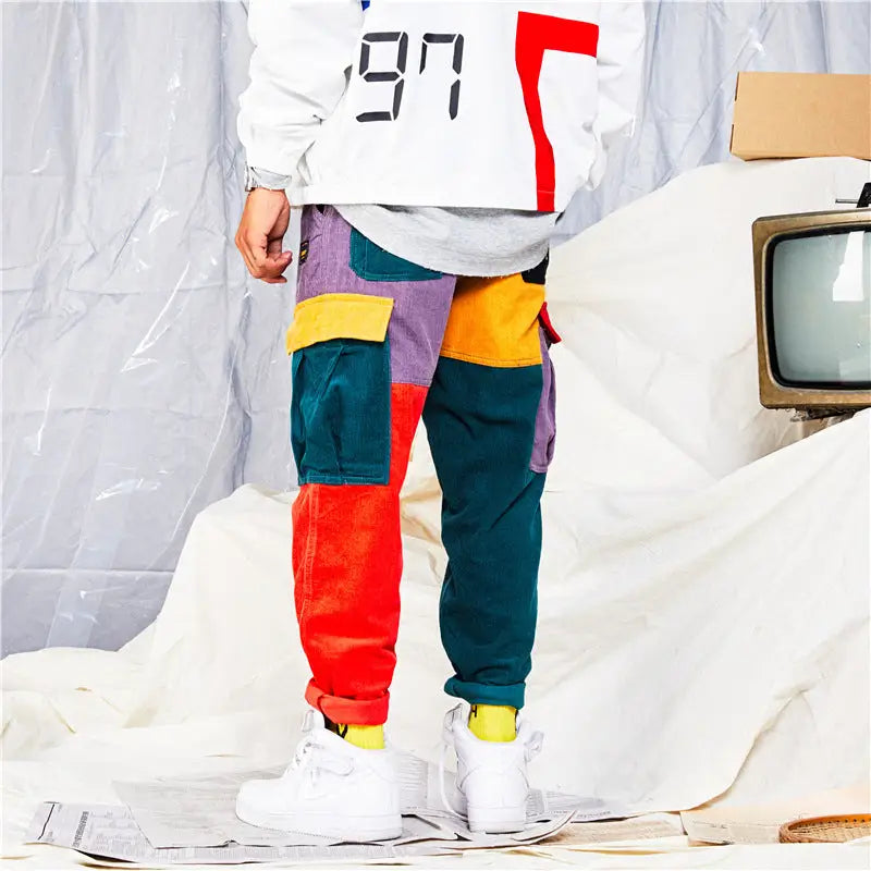 Retro Patchwork Block Corduroy Jogger Pants