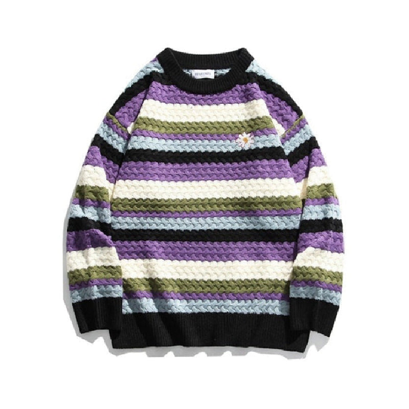 Retro Rainbow Striped Knitted Sweater - Black / M
