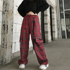 Retro Red Loose Plaid Pants