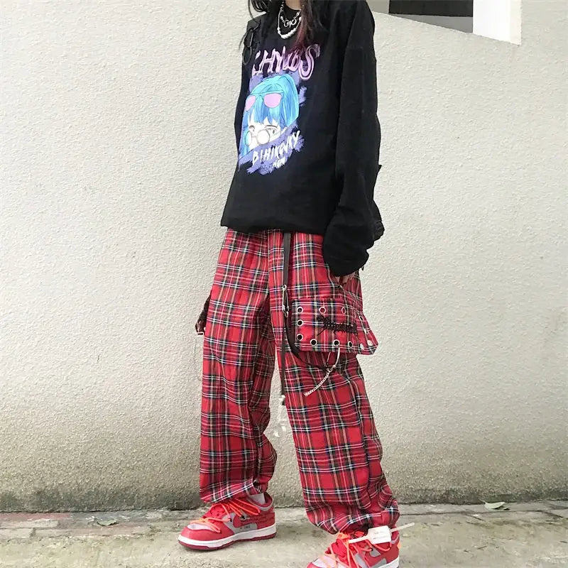 Retro Red Loose Plaid Pants