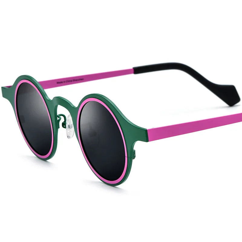 Retro round frame sunglasses with bold colorful lens and detailed frame material close up