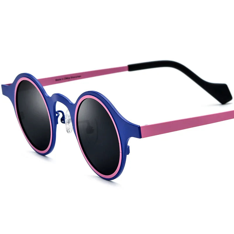 Retro round frame sunglasses with bold colorful lens detail and vintage 90s style frame close-up