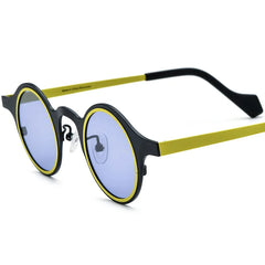 Retro round frame sunglasses with colorful lens showcasing bold frame detail and material texture
