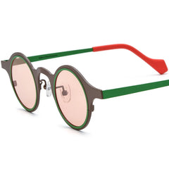 Retro round frame sunglasses with colorful lens showing bold frame detail and material texture